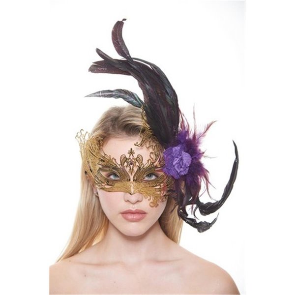 Kayso Majestic Gold Swan Laser Cut Masquerade Mask with Feathers  Purple Flower Arrangement One Size FBF003GDPU